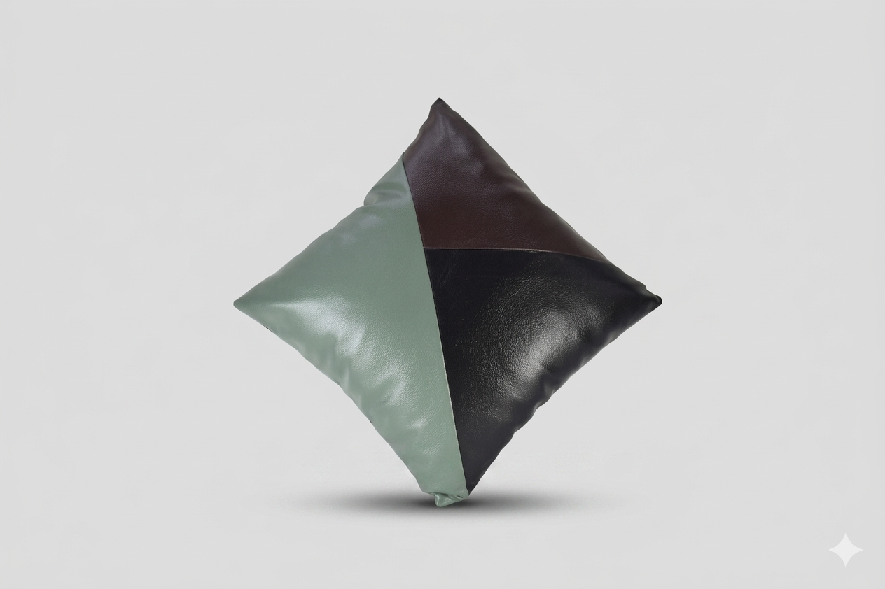 Synthetic Leather Square Cushion -Black, Green & Brown