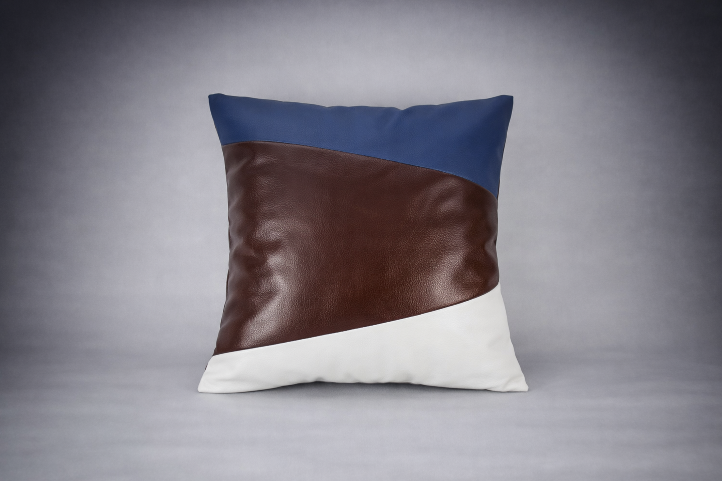 Synthetic Leather Square Cushion -Brown, Blue & White