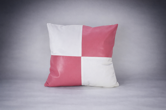 Synthetic Leather Square Cushion -White & Pink