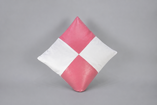 Synthetic Leather Square Cushion -White & Pink